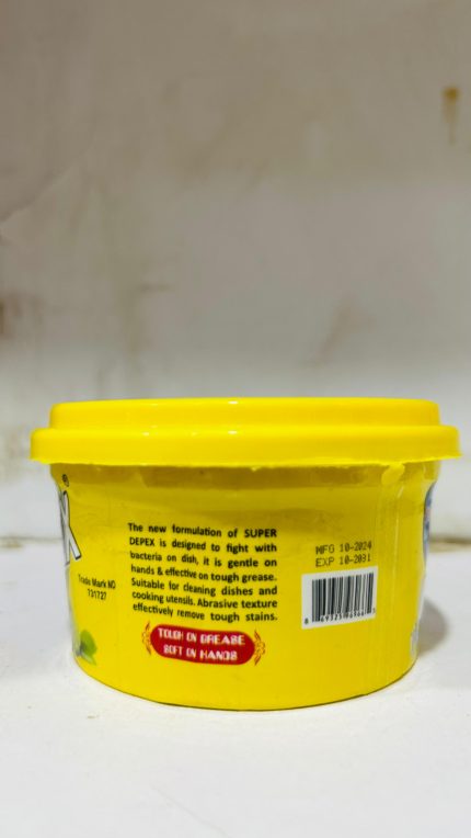 Super Depex dishwashing paste, compact 200g size. Pakistani-made with mint lemon formula. Kills 99.9% bacteria, perfect for small households.